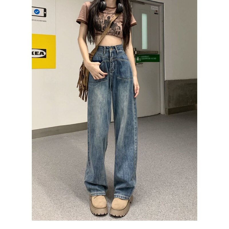 Vintage Wide Leg Cargo Jeans Women 2023 Autumn High Waist Bagge Pants Woman Y2k Streetwear Loose Denim Trousers Fema